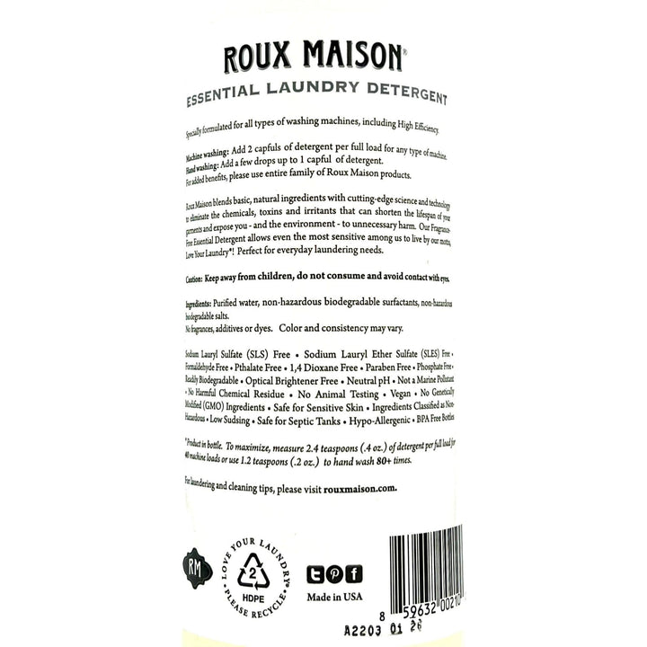 The label of Roux Maison’s Essential Laundry Detergent (Fragrance-Free, 16 oz) displays usage instructions and safety warnings in black text on a white background, highlighting its eco-friendly, biodegradable, non-toxic nature and absence of 1,4 Dioxane.