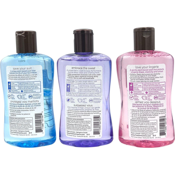 The Fashion Care Splash + Fresh + Swirl 280ml (9.47 oz) Soft Scent-Fashion Care Wash Starter Kit includes three bottles labeled Save Your Suit, Embrace the Sweat, and Love Your Lingerie. Perfect for lingerie and activewear, with care instructions and benefits on the back.