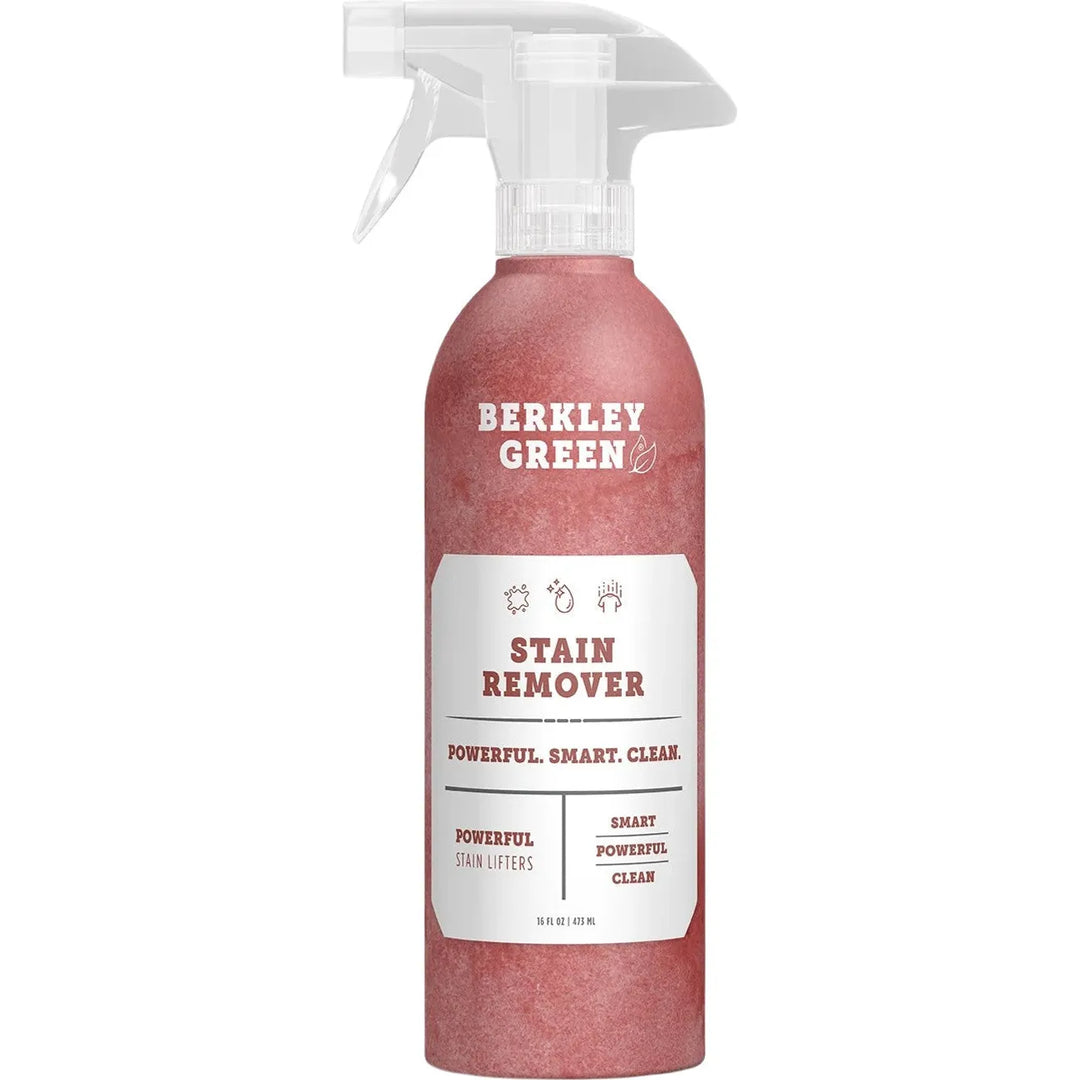 Berkley Greens Fabric Stain Remover-Free and Clear comes in a 16 oz bottle. It features a red design and white label reading Powerful. Smart. Clean. and Enzyme Power Stain Lifters with Plant Powered Technology for effective cleaning.