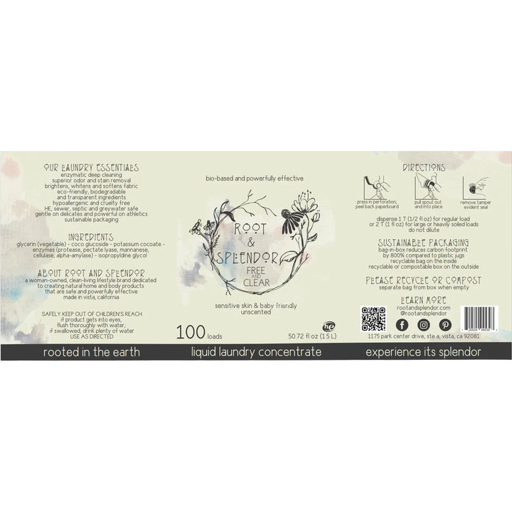 Label for Root and Splendors 100% Natural, Non-Toxic and Eco-Friendly Laundry Soap Concentrate -Free and Clear-1.5L. Features floral illustrations with ingredient details, usage instructions, and environmental info. Ideal for sensitive skin and baby laundry.