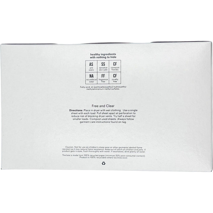 The image shows the back of a box for Public Goods Fabric Softener Sheets, Fragrance Free and Hypoallergenic, 80 count. It features a healthy ingredients with nothing to hide section, usage directions, labeled as eco-friendly, biodegradable, recyclable with a caution statement at the bottom.