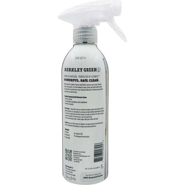 A 16 oz spray bottle of Berkley Green Leather Cleaner features a white nozzle and a label emphasizing its non-toxic, plant-based formula, ideal for leather protection. The bottle is made from 100% recycled plastic, with a QR code and barcode visible for easy access.