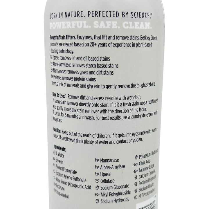 Introducing Berkley Greens Baby Fabric Spray Stain Remover-Free and Clear-16 oz. This cutting-edge cleaning solution harnesses Plant Powered Technology with powerful stain lifters and enzyme power to tackle tough spots safely. Use as directed and keep out of reach of children.