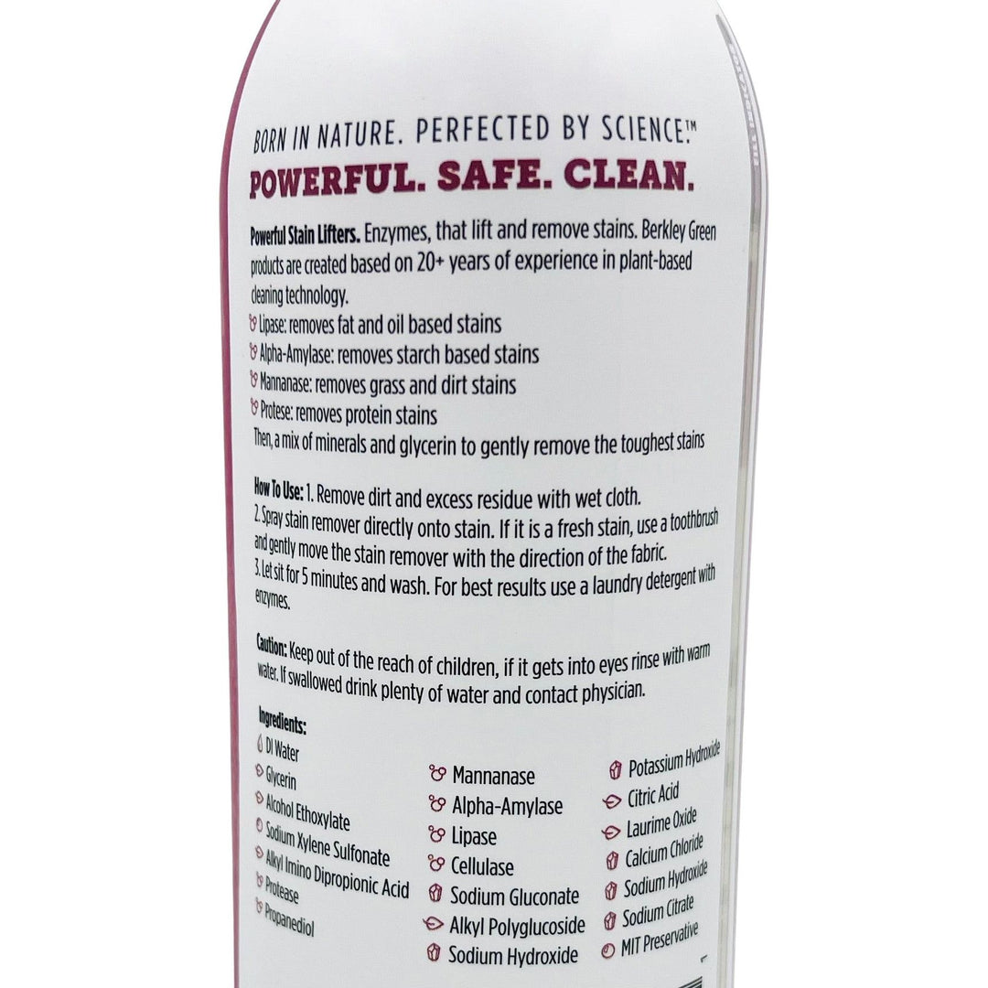 A close-up of Berkley Greens Fabric Stain Remover-Free and Clear-16 oz product label highlights its Enzyme Power for effective stain removal. It includes instructions, contact precautions, and an ingredient list featuring enzymes and natural elements, emphasizing safety and effectiveness.