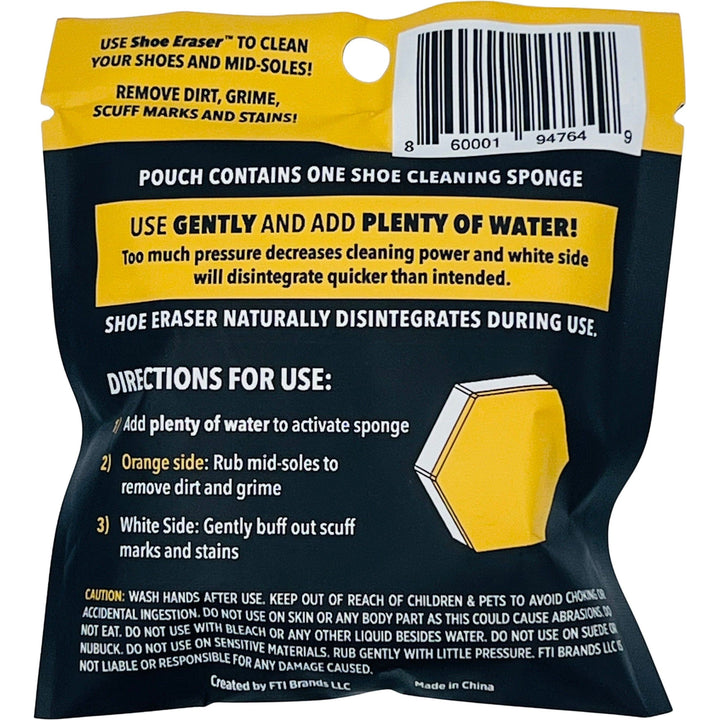 The image shows the SneakERASERS Shoe Eraser packaging, famously featured on Shark Tank. Instructions highlight adding water and gentle use to clean dirt, grime, scuff marks, and stains from shoes. The Sneaker Cleaner, made by FTI Brands LLC in China, comes in 5 one-time-use packs.