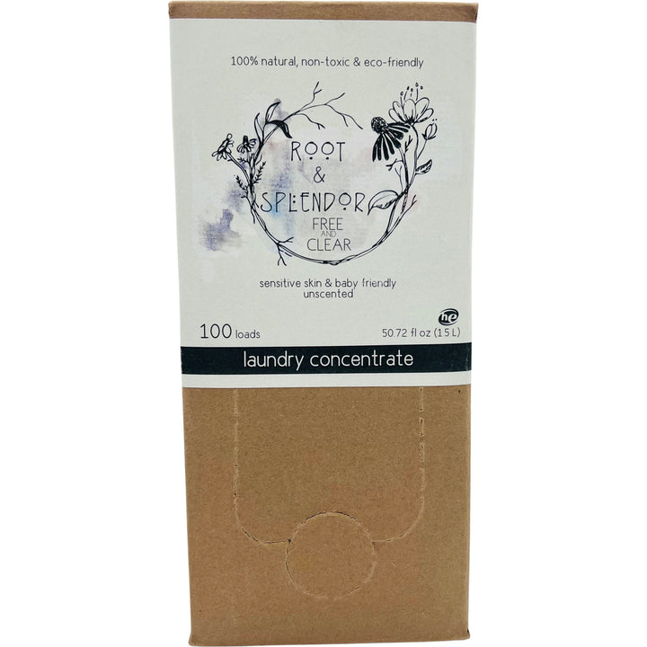 Root and Splendors 100% Natural, Non-Toxic, Eco-Friendly Laundry Soap Concentrate-Free and Clear-1.5L (50.72 oz) is perfect for sensitive skin and babies. This unscented detergent provides 100 loads in a compact cardboard box.