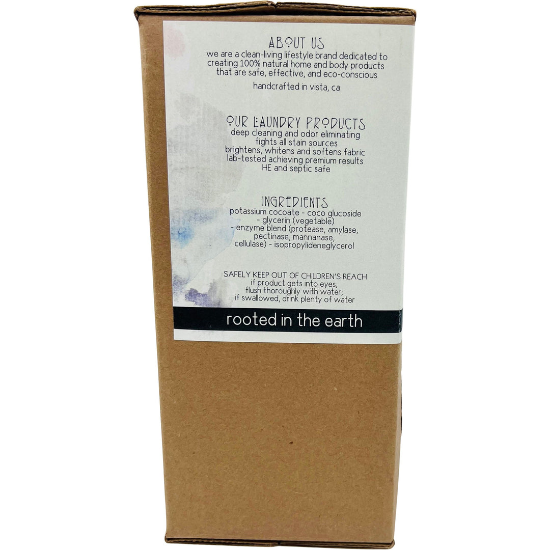 Brown product box featuring a label with Root and Splendors details, detailing 100% Natural, Non-Toxic and Eco-Friendly Laundry Soap Concentrates description and ingredients. It emphasizes ultra-concentrated detergent made from natural elements like coconut oil and soapbark, safe for sensitive skin, with child safety caution.