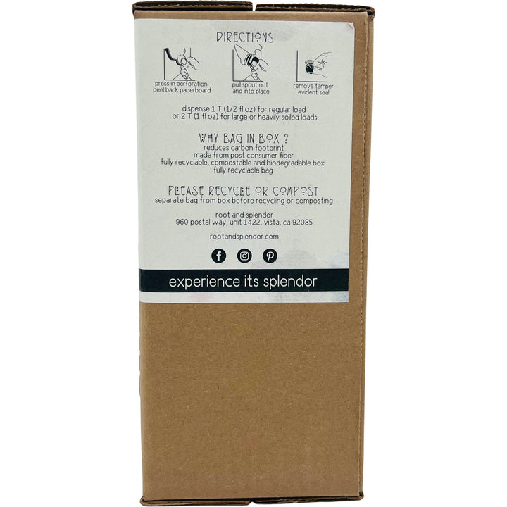 The side of the cardboard box for Root and Splendors 100% Natural Laundry Soap Concentrate (1.5L) displays use directions, recycling instructions, environmental benefits, contact info, a website, and social media icons.