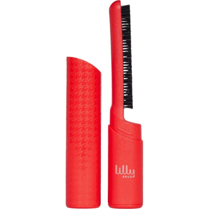 The Lilly Brush - Be Forever Furless Mini is a red lint magnet brush with black bristles and a removable cover showcasing its fit. Lilly Brush is printed in white on the handle, making it perfect as a portable valet’s brush.