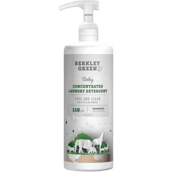 The Berkley Green Baby 10x Laundry Detergent-Free and Clear, 30 oz bottle features a powerful plant-based formula for 110 loads. Its white and green design includes animal silhouettes, highlighting its gentle, Free and Clear composition.