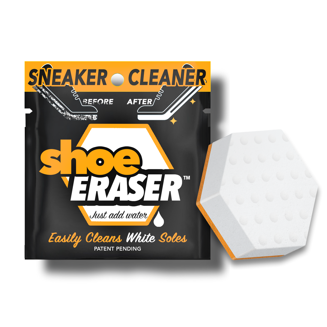 The SneakERASERS Shoe Eraser sneaker cleaner packaging features a hexagonal eraser image, bold orange and white text, and the Just Add Water instruction, evoking a Shark Tank pitch with its sleek design and patent pending claim.