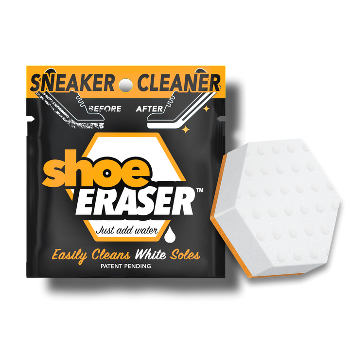 The SneakERASERS Shoe Eraser sneaker cleaner packaging features a hexagonal eraser image, bold orange and white text, and the Just Add Water instruction, evoking a Shark Tank pitch with its sleek design and patent pending claim.