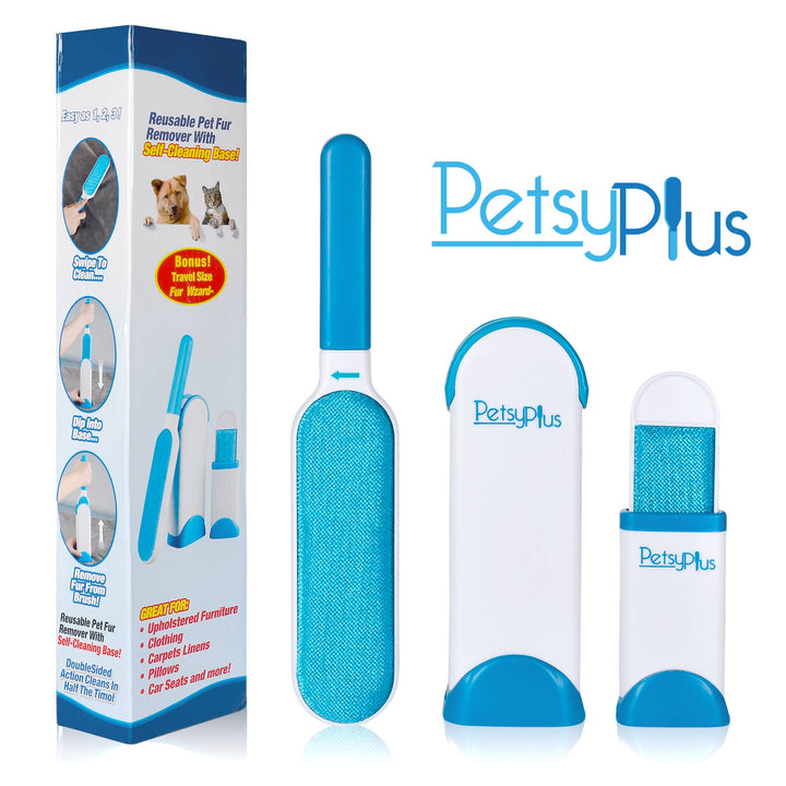 The LuxeDesigns Co LLC Pet Brush / Lint and Fur Remover is showcased in blue and white with an eco-friendly self-cleaning base. The set features a large double-sided brush, a travel-size version, and packaging with usage illustrations and photos of cats and dogs.