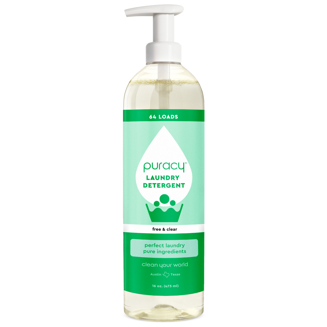 The Puracy Natural 10x Laundry Detergent is 1,4 Dioxane Free and designed Free & Clear for sensitive skin. It comes in a 16 oz bottle with a pump dispenser and a green/white design, labeled for 64 Loads.