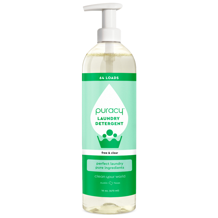 The Puracy Natural 10x Laundry Detergent is 1,4 Dioxane Free and designed Free & Clear for sensitive skin. It comes in a 16 oz bottle with a pump dispenser and a green/white design, labeled for 64 Loads.