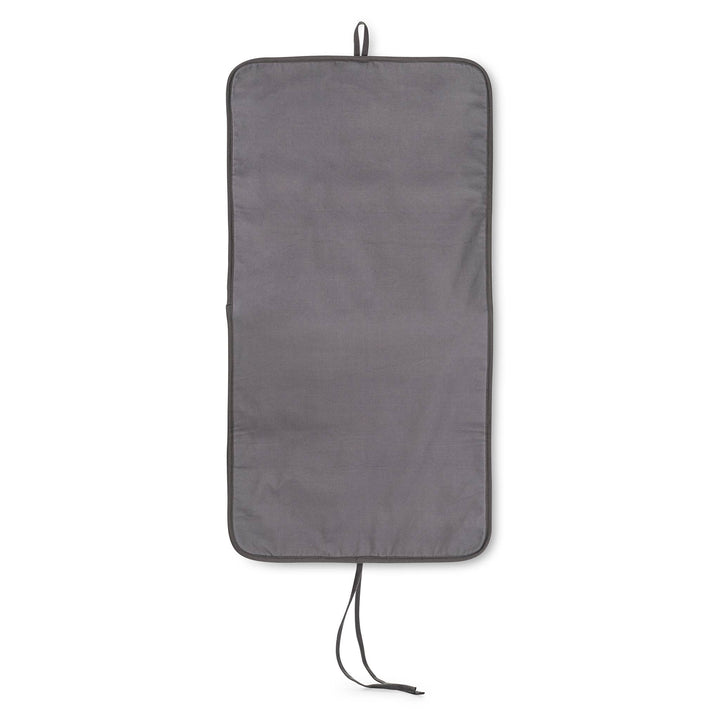 The Iron & Steam Blanket by Full Circle Home is a rectangular, dark gray mat with rounded edges and a small top loop. Two fabric ties at the bottom enhance its portability and functionality, making it a perfect ironing accessory.