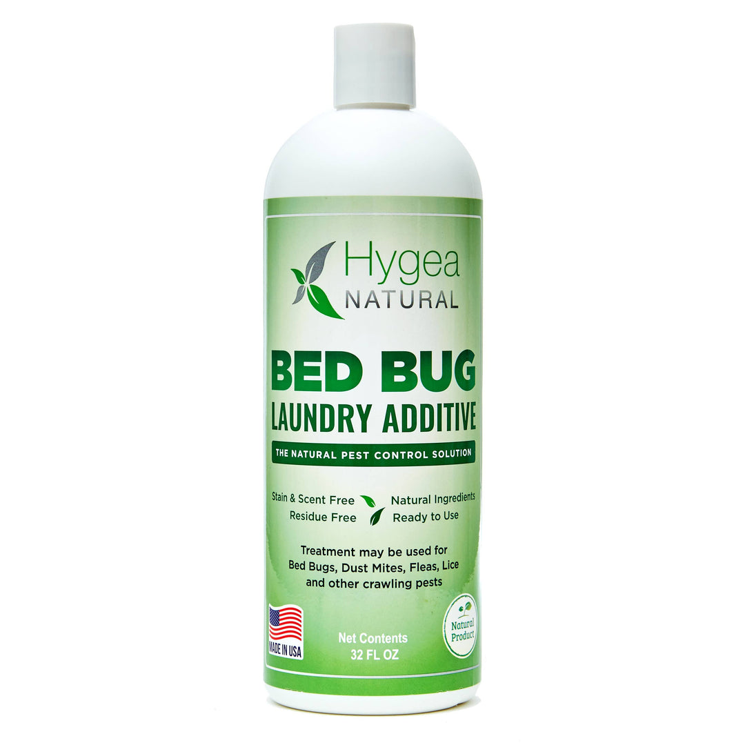 Hygea Naturals 32 oz Bed Bug & Mite Laundry Additive, with its green and white label, delivers an eco-friendly, stain and scent-free solution. Its non-toxic, made in the USA, ready to use, and effectively treats bed bugs naturally.