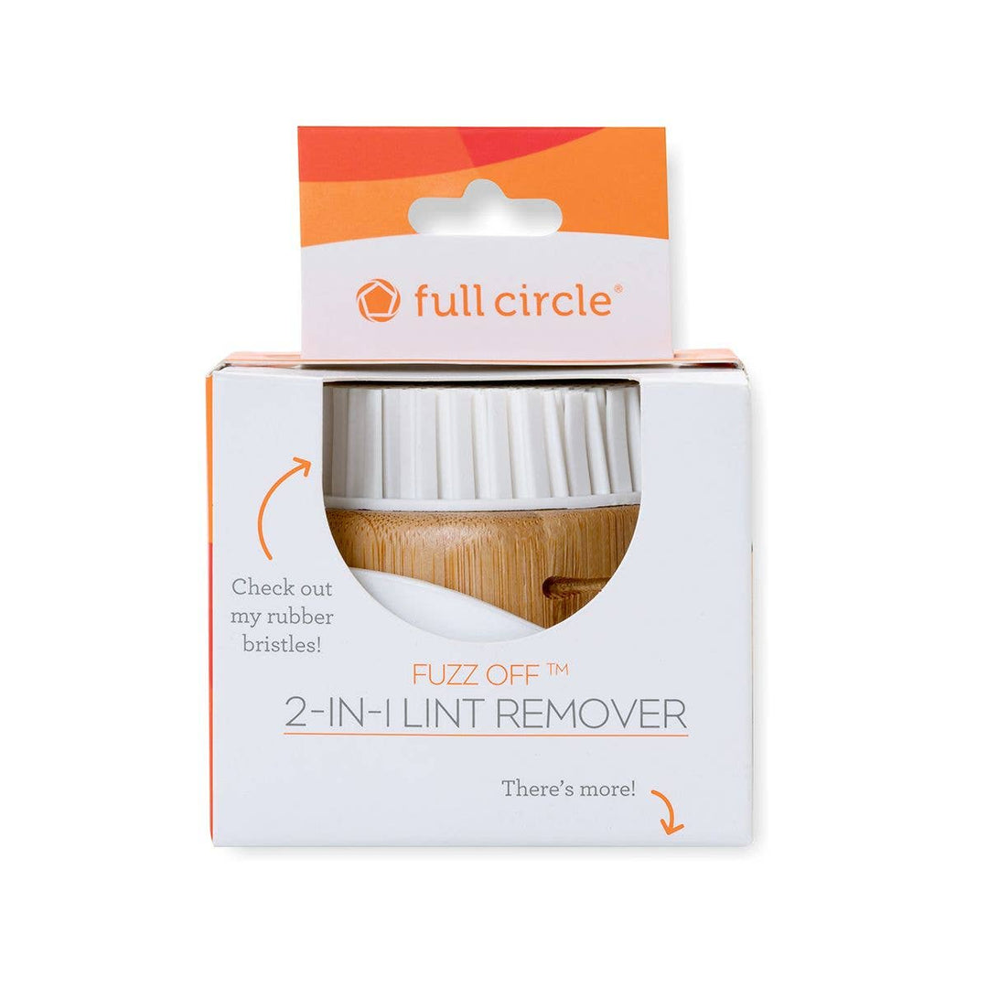 The Fuzz Off Reusable Lint Remover by Full Circle Home boasts packaging that highlights its pet hair removal strengths. The stylish white and orange design features the micro-bristle fabric, expertly targeting lint and hair.